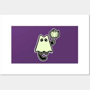 Little Ghost Cat with a Pumpkin Posters and Art